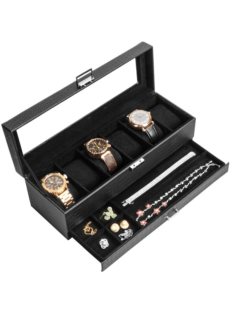 Watch Box for Men, 6 Slot Watch Display Case with Drawer, Mens Watch Case With Glass Lid, 2-Layer Jewelry and Watch Storage Watch Holder Organizer for Men Women -6 Slot, Black