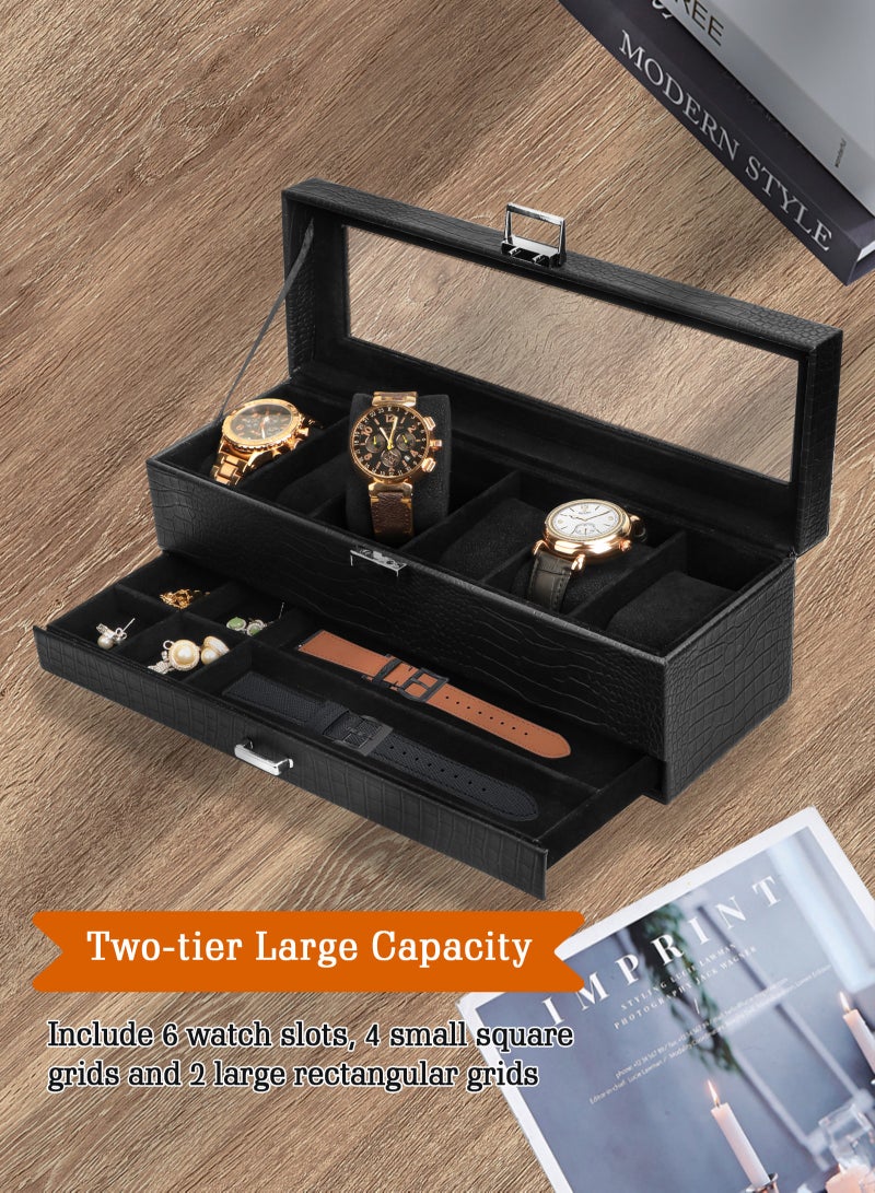 Watch Box for Men, 6 Slot Watch Display Case with Drawer, Mens Watch Case With Glass Lid, 2-Layer Jewelry and Watch Storage Watch Holder Organizer for Men Women -6 Slot, Black