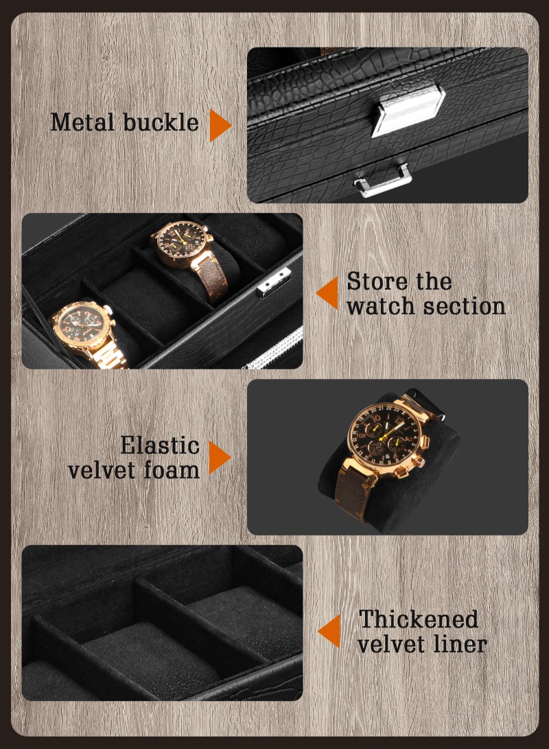 Watch Box for Men, 6 Slot Watch Display Case with Drawer, Mens Watch Case With Glass Lid, 2-Layer Jewelry and Watch Storage Watch Holder Organizer for Men Women -6 Slot, Black