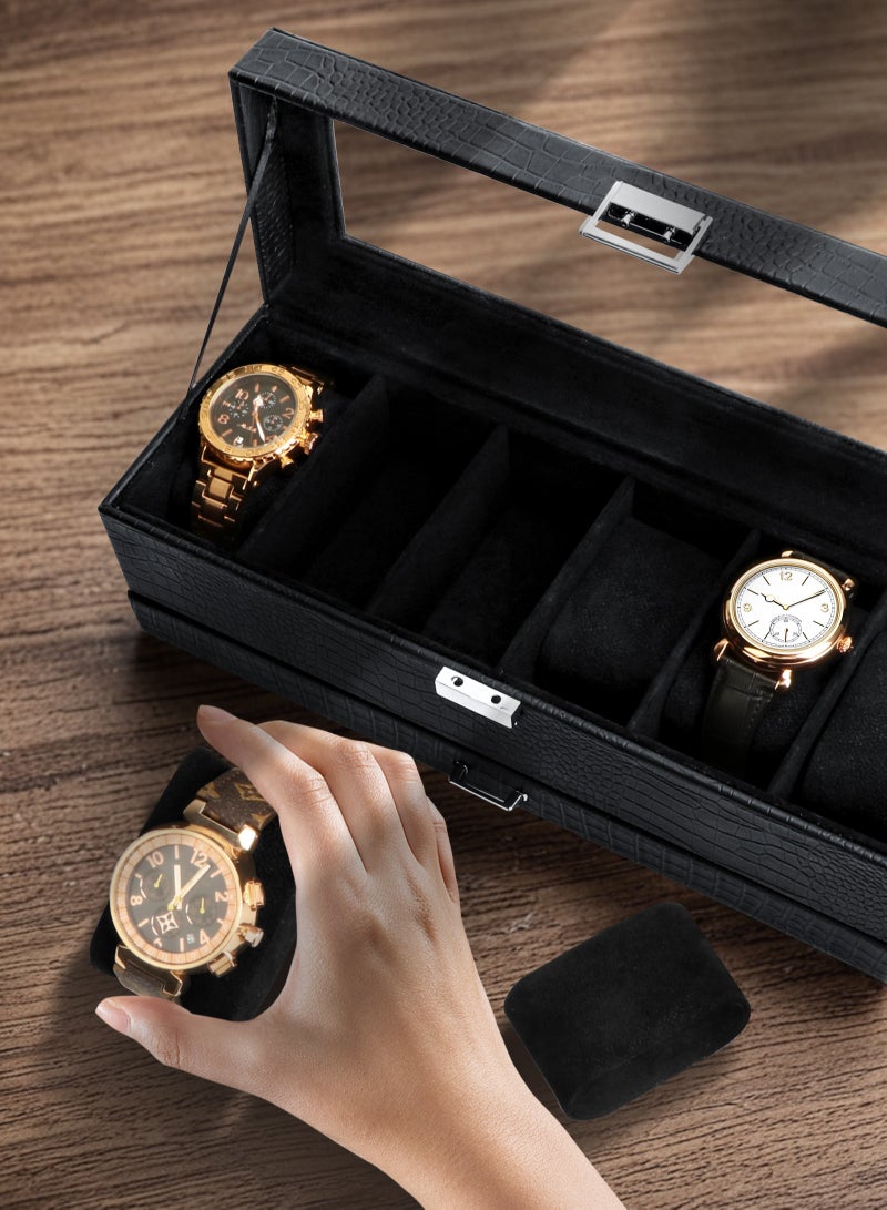 Watch Box for Men, 6 Slot Watch Display Case with Drawer, Mens Watch Case With Glass Lid, 2-Layer Jewelry and Watch Storage Watch Holder Organizer for Men Women -6 Slot, Black