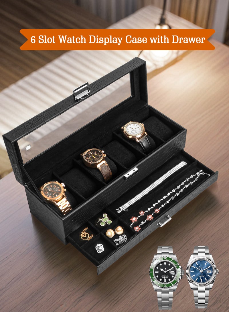 Watch Box for Men, 6 Slot Watch Display Case with Drawer, Mens Watch Case With Glass Lid, 2-Layer Jewelry and Watch Storage Watch Holder Organizer for Men Women -6 Slot, Black