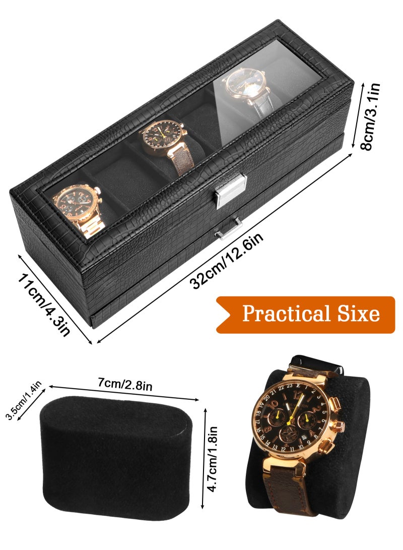 Watch Box for Men, 6 Slot Watch Display Case with Drawer, Mens Watch Case With Glass Lid, 2-Layer Jewelry and Watch Storage Watch Holder Organizer for Men Women -6 Slot, Black