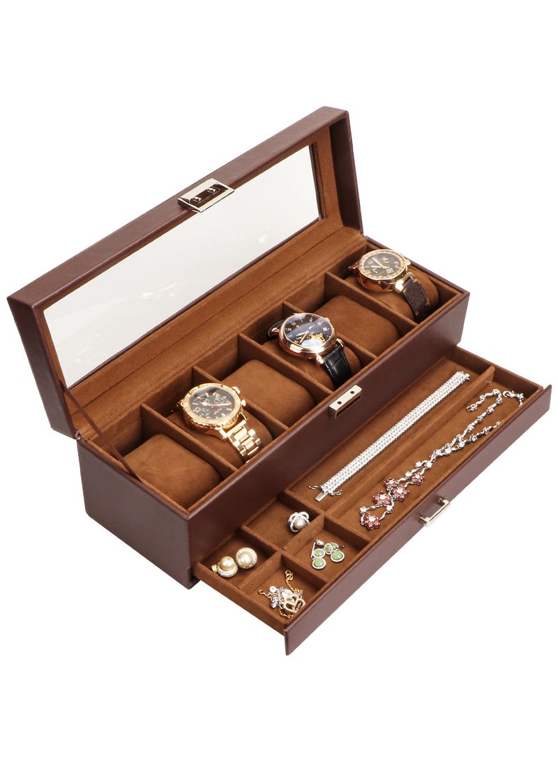 Watch Box for Men, 6 Slot Watch Display Case with Drawer, Mens Watch Case With Glass Lid, 2-Layer Jewelry and Watch Storage Watch Holder Organizer for Men Women -6 Slot, Espresso