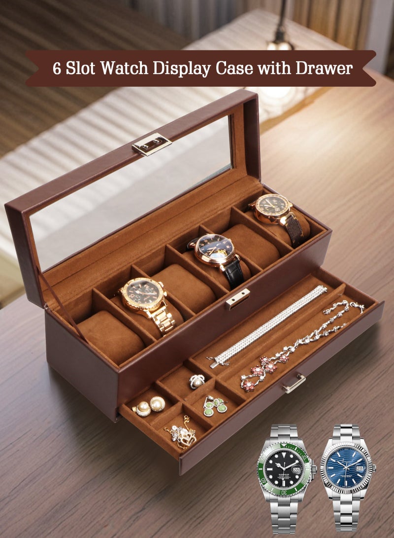 Watch Box for Men, 6 Slot Watch Display Case with Drawer, Mens Watch Case With Glass Lid, 2-Layer Jewelry and Watch Storage Watch Holder Organizer for Men Women -6 Slot, Espresso