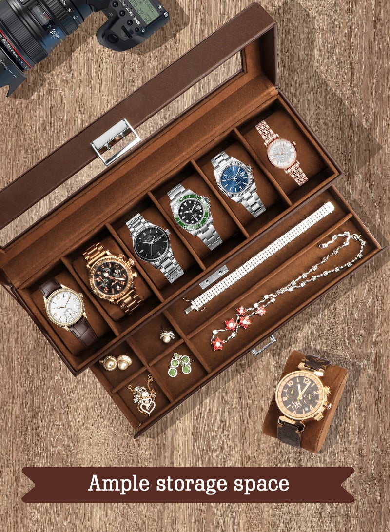 Watch Box for Men, 6 Slot Watch Display Case with Drawer, Mens Watch Case With Glass Lid, 2-Layer Jewelry and Watch Storage Watch Holder Organizer for Men Women -6 Slot, Espresso