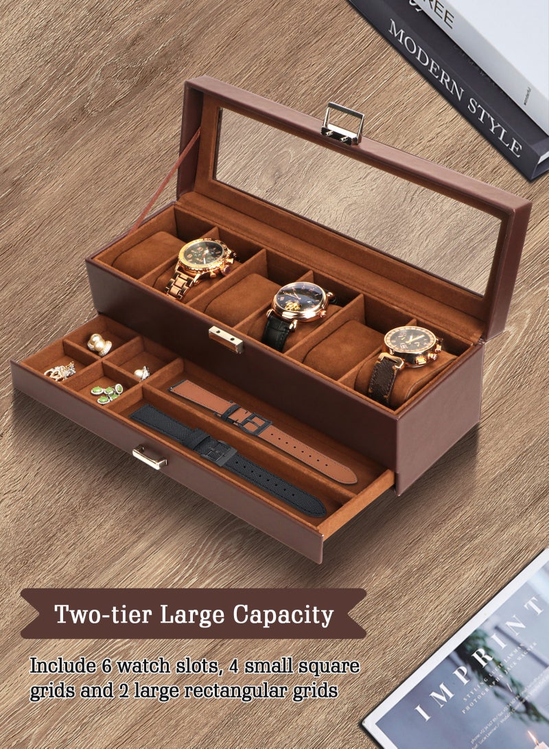 Watch Box for Men, 6 Slot Watch Display Case with Drawer, Mens Watch Case With Glass Lid, 2-Layer Jewelry and Watch Storage Watch Holder Organizer for Men Women -6 Slot, Espresso