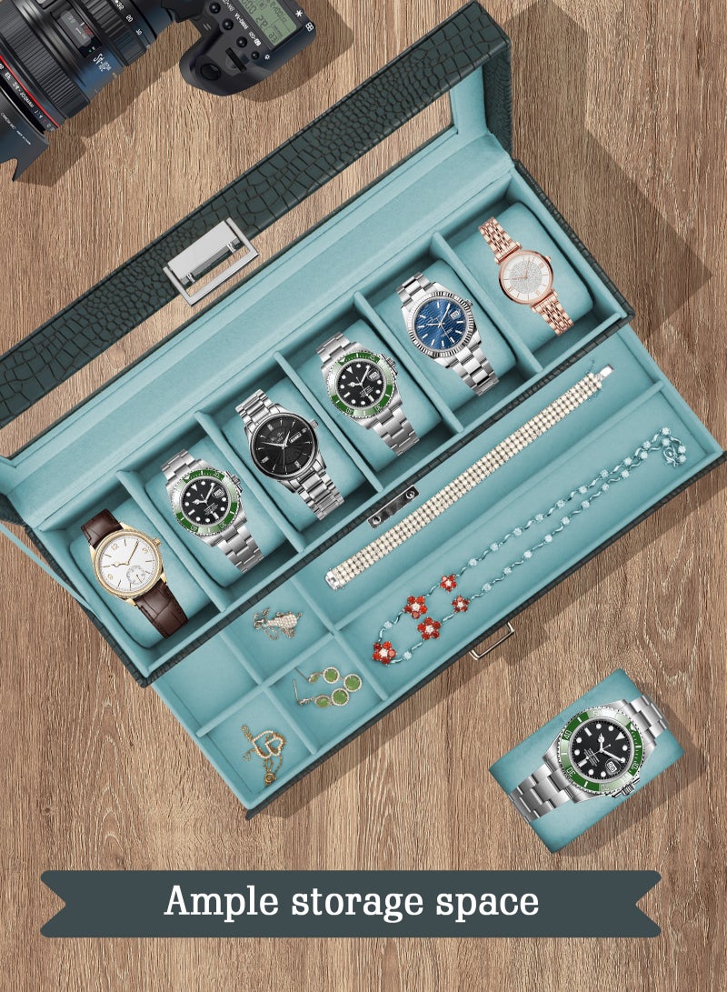 Watch Box for Men, 6 Slot Watch Display Case with Drawer, Mens Watch Case With Glass Lid, 2-Layer Jewelry and Watch Storage Watch Holder Organizer for Men Women -6 Slot, Black/green