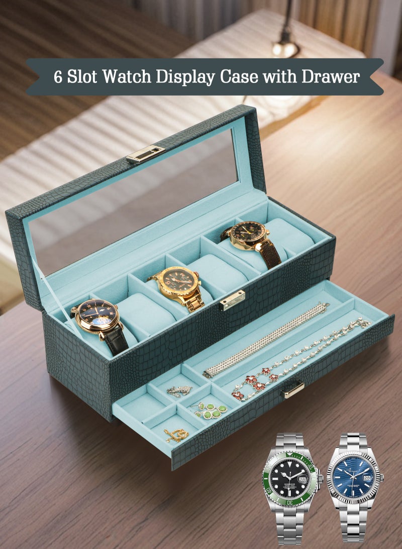 Watch Box for Men, 6 Slot Watch Display Case with Drawer, Mens Watch Case With Glass Lid, 2-Layer Jewelry and Watch Storage Watch Holder Organizer for Men Women -6 Slot, Black/green