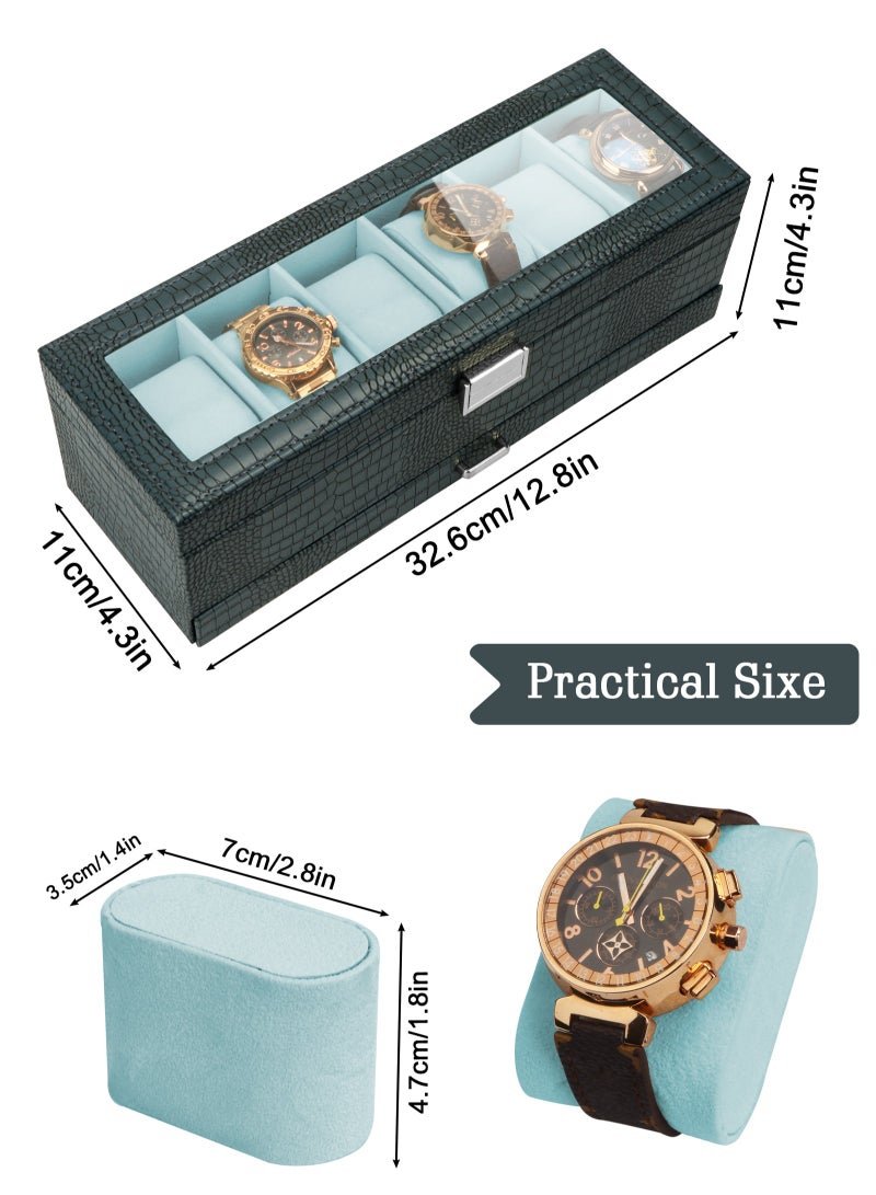 Watch Box for Men, 6 Slot Watch Display Case with Drawer, Mens Watch Case With Glass Lid, 2-Layer Jewelry and Watch Storage Watch Holder Organizer for Men Women -6 Slot, Black/green