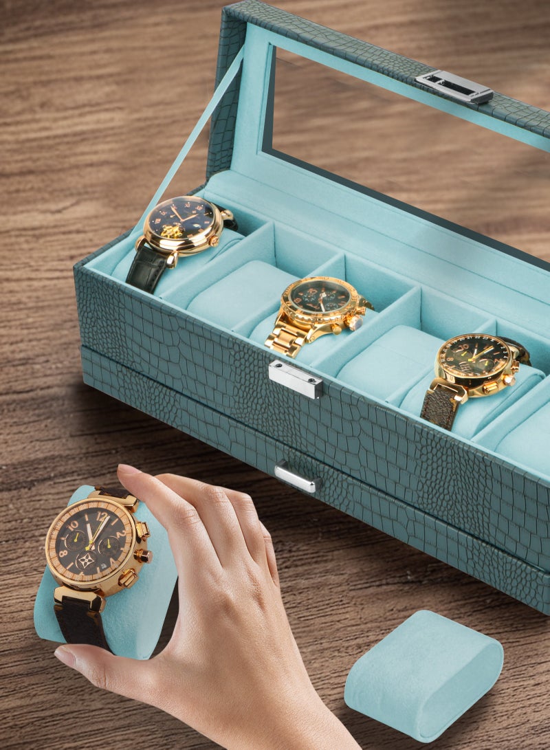 Watch Box for Men, 6 Slot Watch Display Case with Drawer, Mens Watch Case With Glass Lid, 2-Layer Jewelry and Watch Storage Watch Holder Organizer for Men Women -6 Slot, Black/green