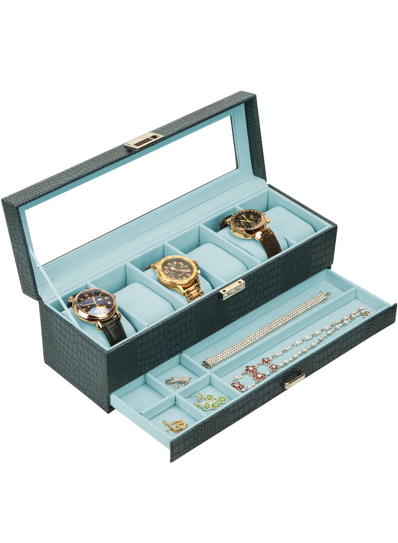 Watch Box for Men, 6 Slot Watch Display Case with Drawer, Mens Watch Case With Glass Lid, 2-Layer Jewelry and Watch Storage Watch Holder Organizer for Men Women -6 Slot, Black/green
