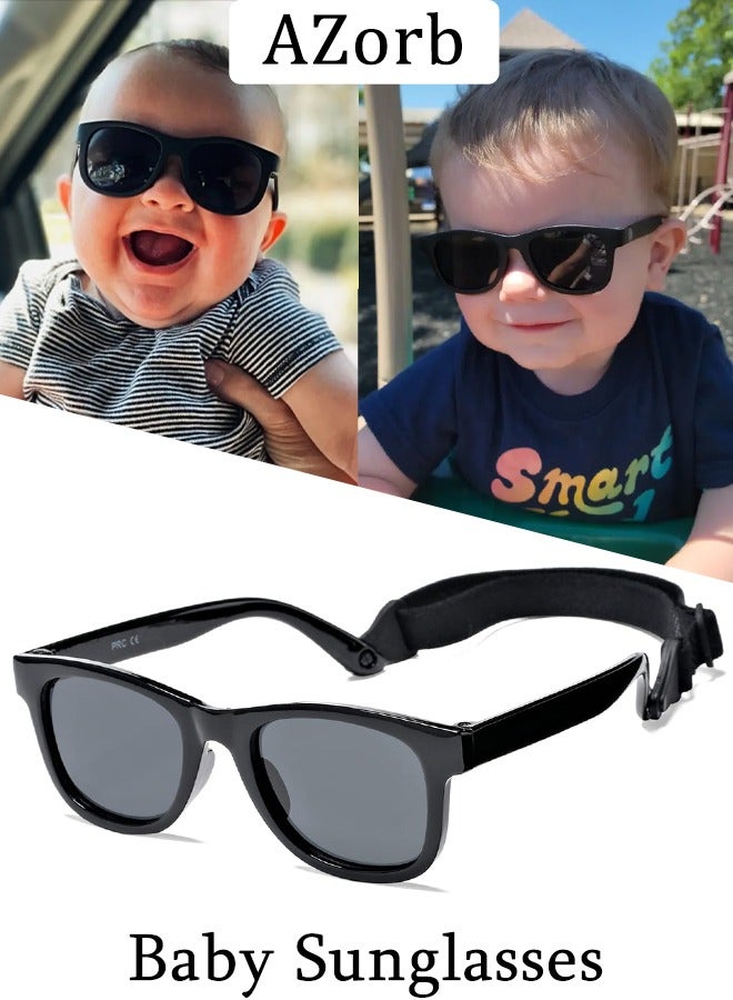 Baby Sunglasses with Adjustable Strap Polarized Sun Glasses Bendable Flexible Newborn UV Protection for Kids Toddler Infant Boys Girls Age 0-3 Black