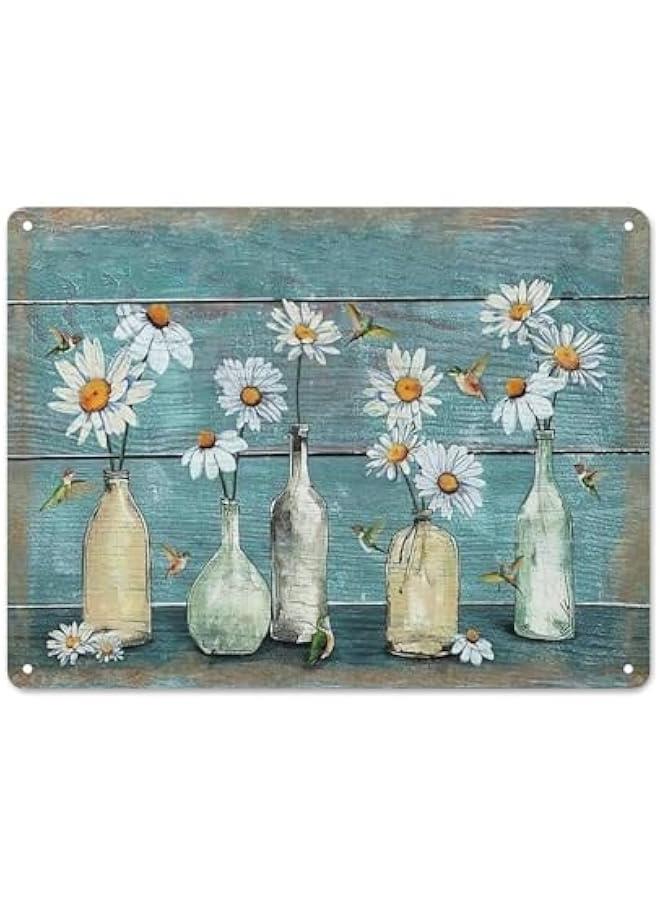 Rustic Retro Metal Tin Sign Farmhouse Bathroom Floral Wall Art Daisy Hummingbird Teal Pictures Wall Decor Country Daisy Flower Wall Art Home Parlor Garden Courtyard Wall Decor 12x16 Inch