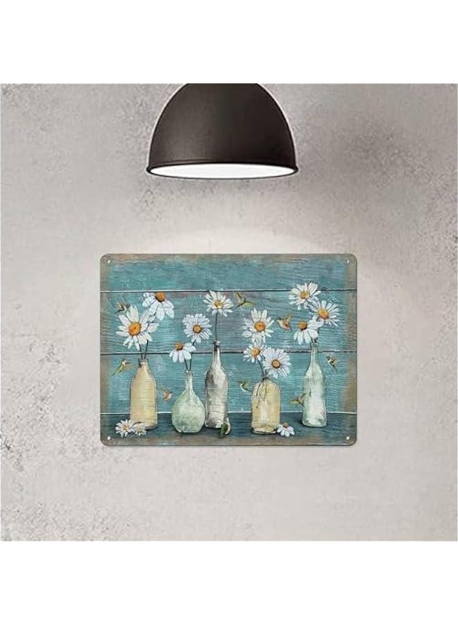 Rustic Retro Metal Tin Sign Farmhouse Bathroom Floral Wall Art Daisy Hummingbird Teal Pictures Wall Decor Country Daisy Flower Wall Art Home Parlor Garden Courtyard Wall Decor 12x16 Inch