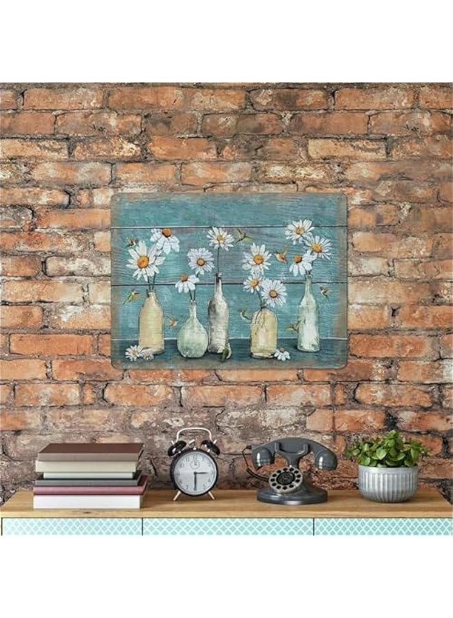 Rustic Retro Metal Tin Sign Farmhouse Bathroom Floral Wall Art Daisy Hummingbird Teal Pictures Wall Decor Country Daisy Flower Wall Art Home Parlor Garden Courtyard Wall Decor 12x16 Inch