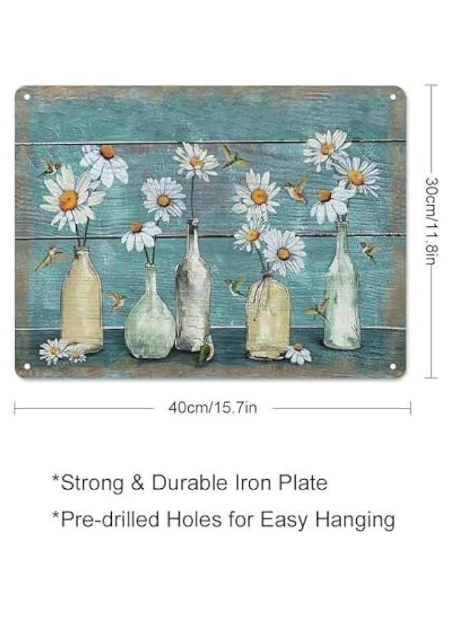 Rustic Retro Metal Tin Sign Farmhouse Bathroom Floral Wall Art Daisy Hummingbird Teal Pictures Wall Decor Country Daisy Flower Wall Art Home Parlor Garden Courtyard Wall Decor 12x16 Inch