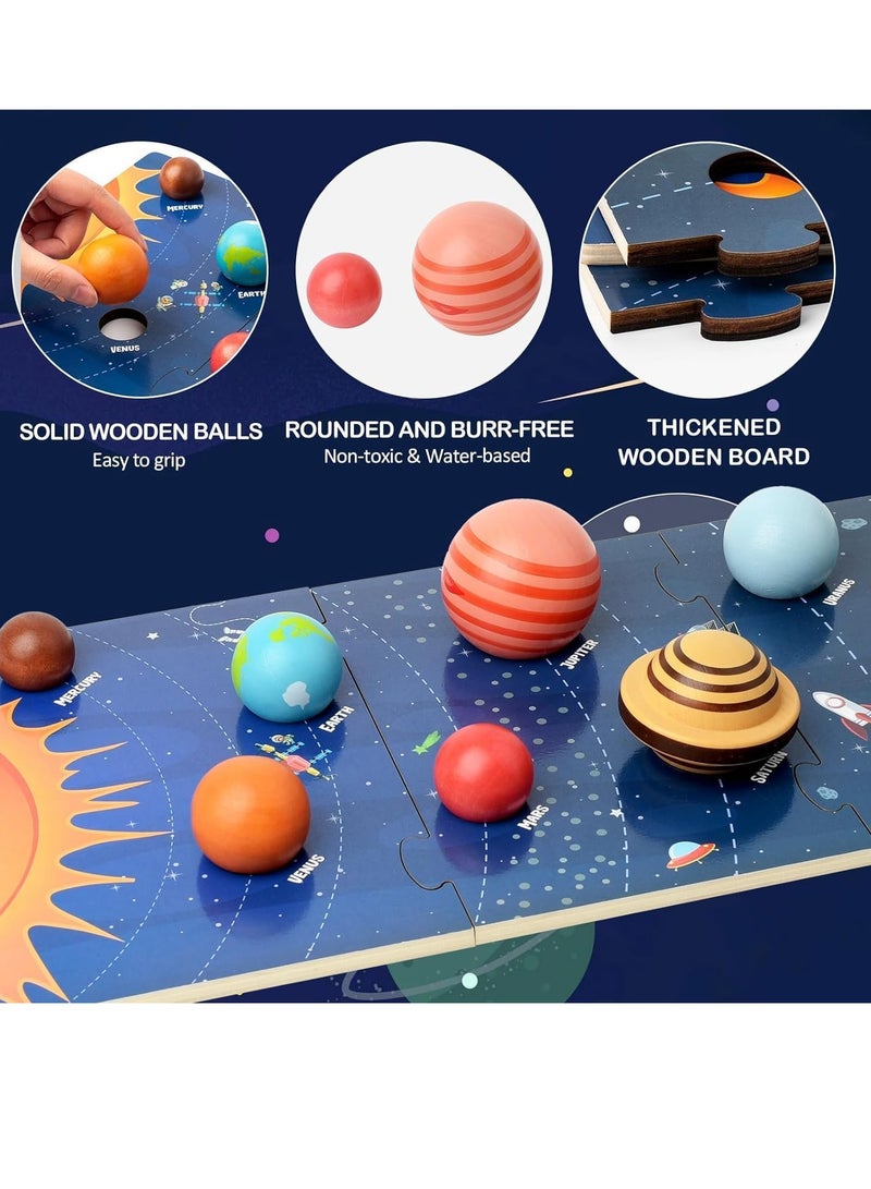 Wooden Solar System Model Board Montessori Toys Planets Puzzle Science STEM Space Learning for Kids 4-8 with 3D Planets Models Preschool Educational Gift for Boys Girls