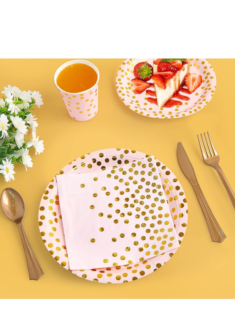 Disposable Paper Dinnerware Serves 25, 200 Pcs Pastel Paper Plates Napkins Cups Gold Plastic Silverware Sets for Wedding Birthday Baby Shower Holiday Parties