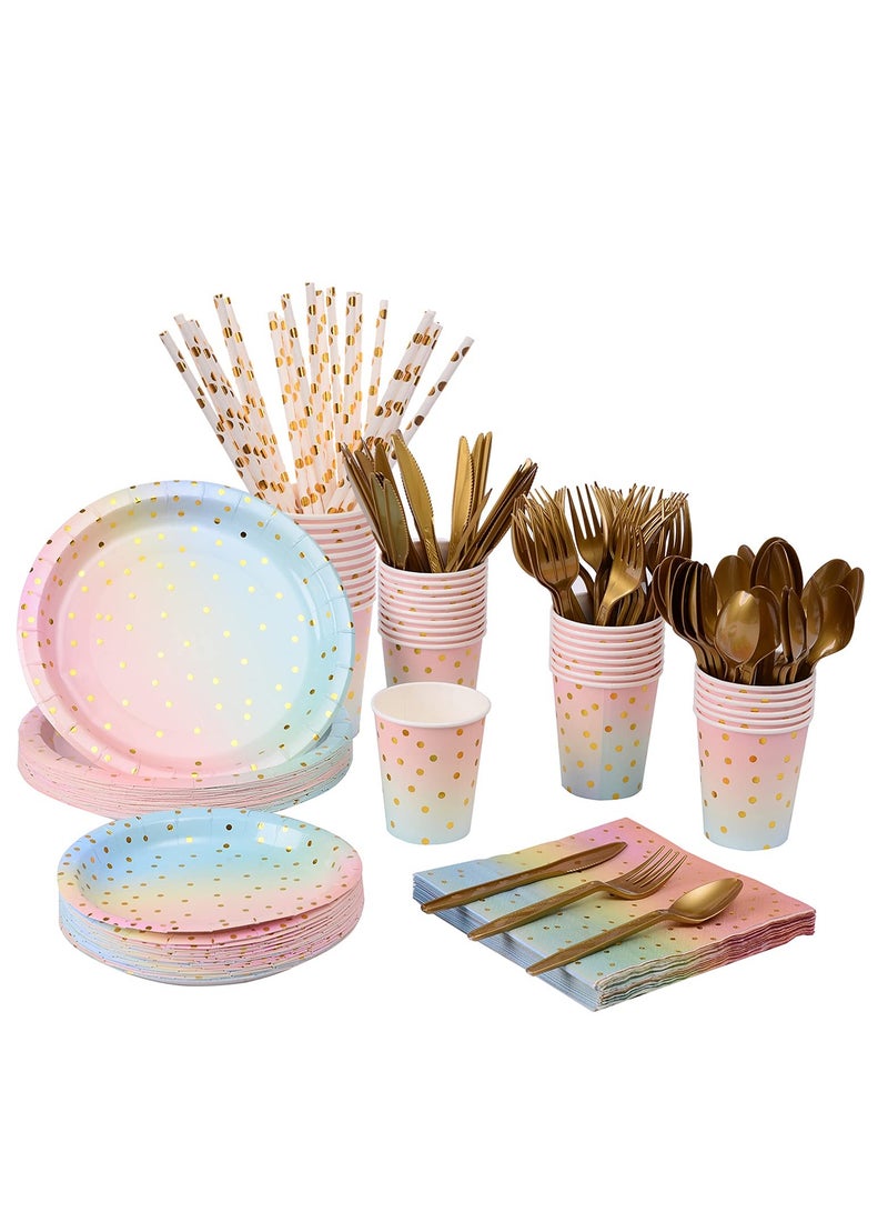 Disposable Paper Dinnerware Serves 25, 200 Pcs Pastel Paper Plates Napkins Cups Gold Plastic Silverware Sets for Wedding Birthday Baby Shower Holiday Parties