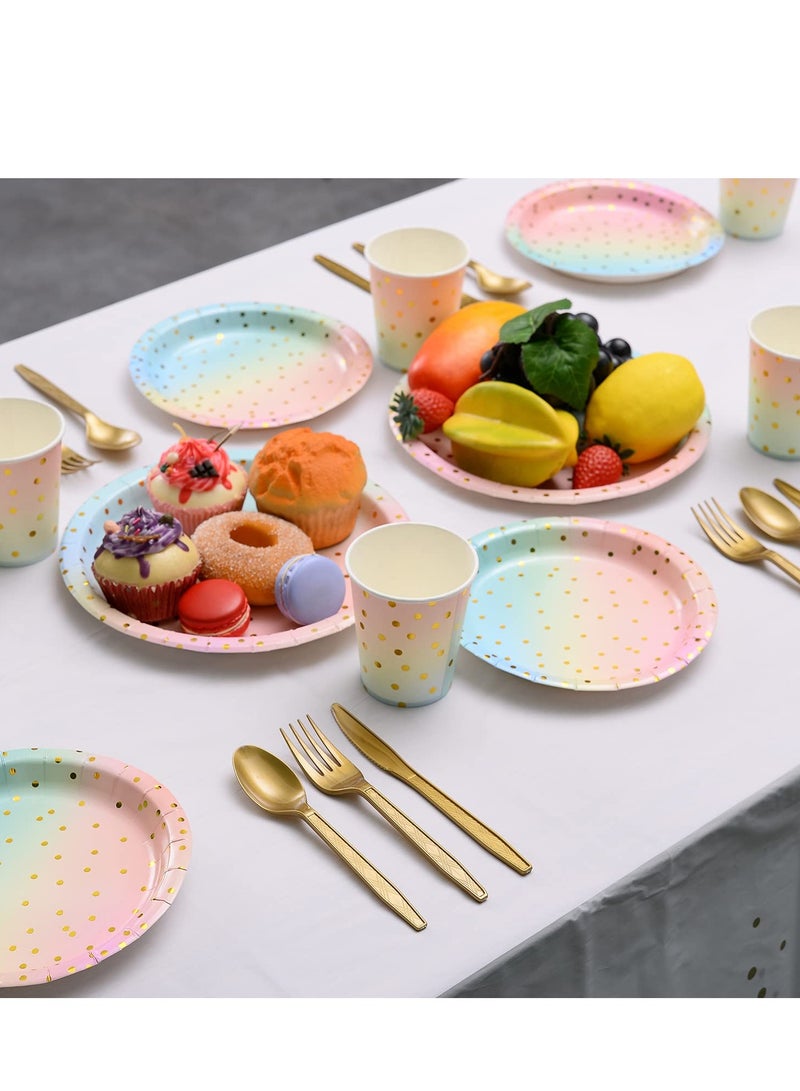 Disposable Paper Dinnerware Serves 25, 200 Pcs Pastel Paper Plates Napkins Cups Gold Plastic Silverware Sets for Wedding Birthday Baby Shower Holiday Parties