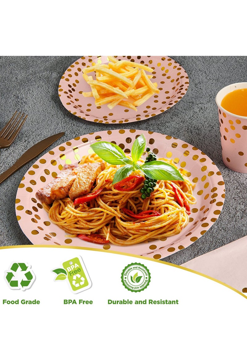 Disposable Paper Dinnerware Serves 25, 200 Pcs Pastel Paper Plates Napkins Cups Gold Plastic Silverware Sets for Wedding Birthday Baby Shower Holiday Parties