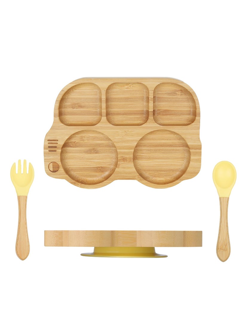 Bamboo Suction Toddler Plate Set with Spoon and Fork, Car Design Divided Plate, BPA Free, Yellow Color for Kids