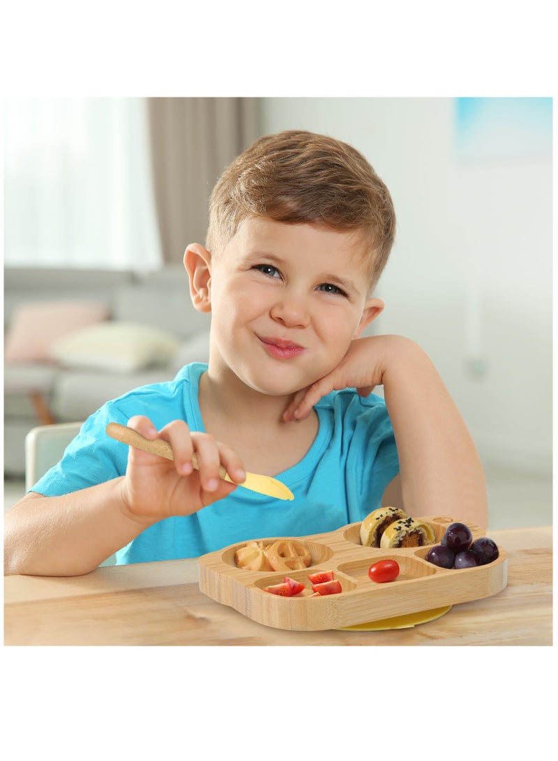 Bamboo Suction Toddler Plate Set with Spoon and Fork, Car Design Divided Plate, BPA Free, Yellow Color for Kids