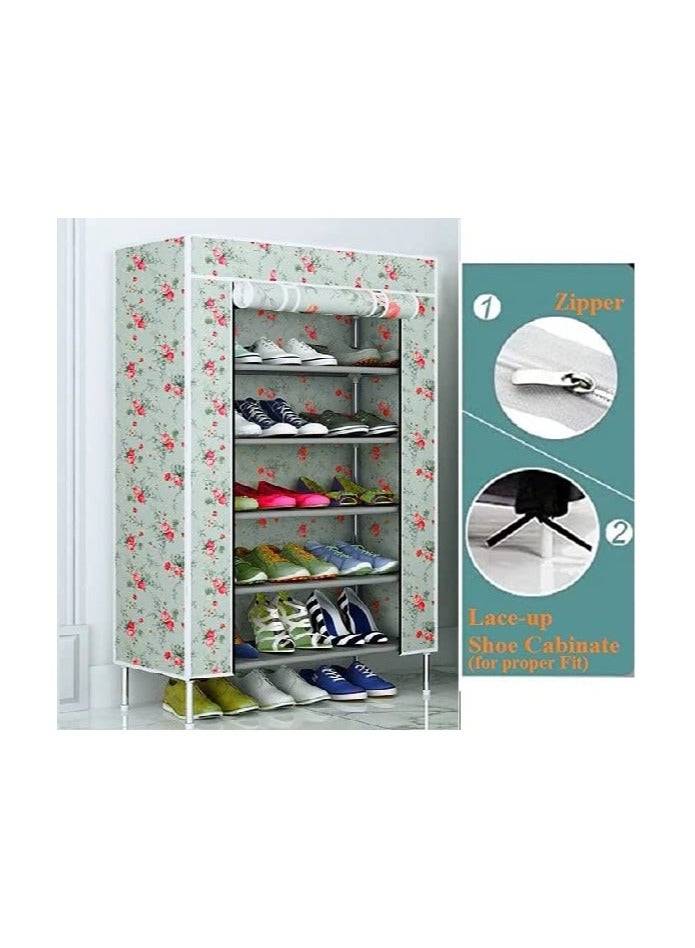 Metal Collapsible Shoe Rack With Printed Flower Fabric Design 5 Shelves Printed Flower