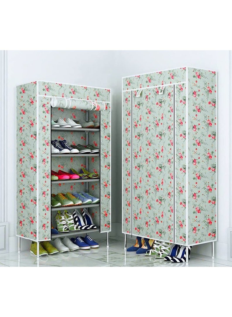 Metal Collapsible Shoe Rack With Printed Flower Fabric Design 5 Shelves Printed Flower