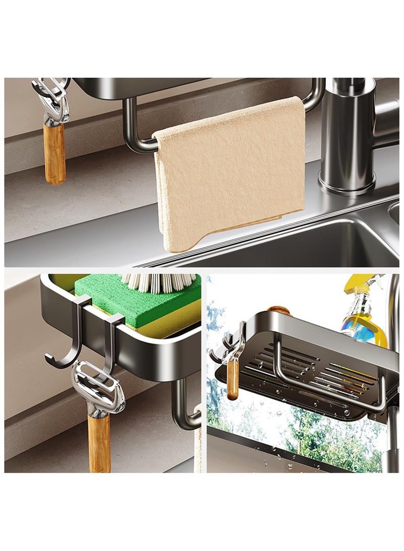Kitchen Sink Faucet Organizer Upgrade Stainless Steel Faucet Rack Holder Dish Sponge Holder Over Faucet Kitchen Sink Caddy Organizer Hanging Faucet Drain Rack for Kitchen Bathroom (Gray)