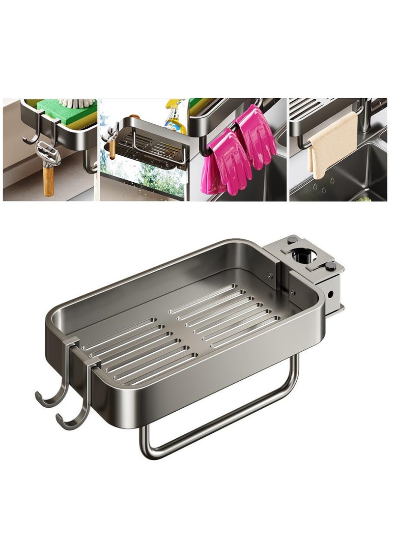 Kitchen Sink Faucet Organizer Upgrade Stainless Steel Faucet Rack Holder Dish Sponge Holder Over Faucet Kitchen Sink Caddy Organizer Hanging Faucet Drain Rack for Kitchen Bathroom (Gray)