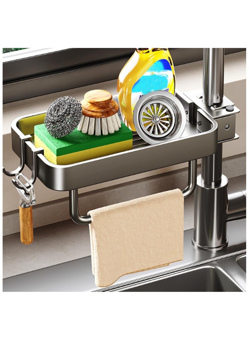 Kitchen Sink Faucet Organizer Upgrade Stainless Steel Faucet Rack Holder Dish Sponge Holder Over Faucet Kitchen Sink Caddy Organizer Hanging Faucet Drain Rack for Kitchen Bathroom (Gray)