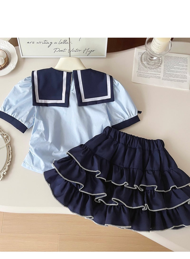 Girl Rabbit Carrot Cute Navy Collar Cake Skirt Set