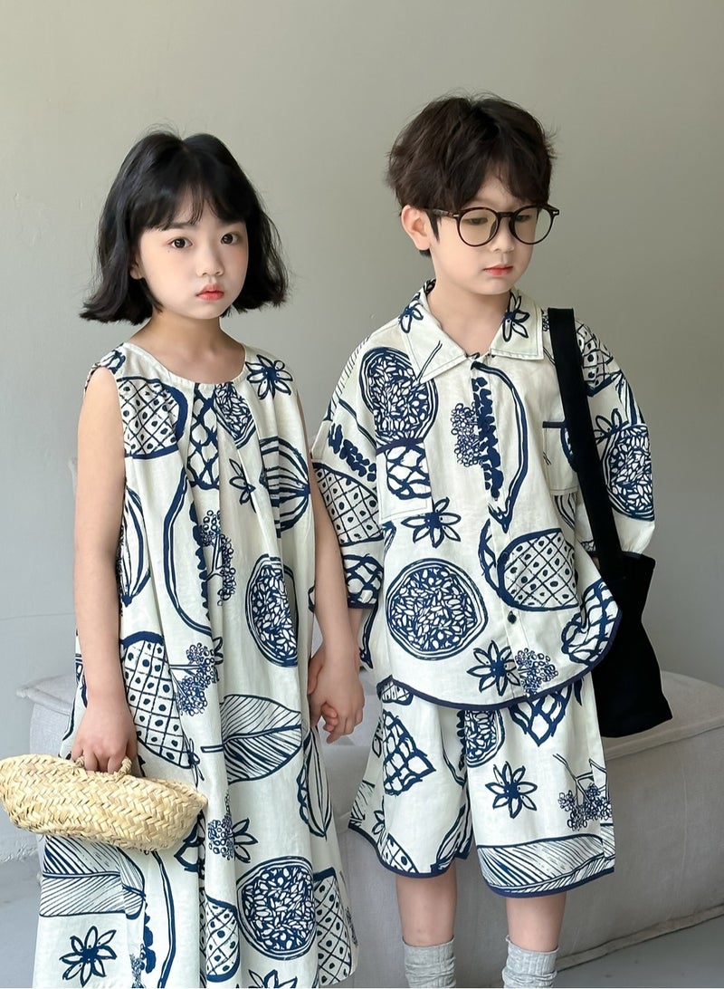 Irregular Pattern Dress, Children's Casual Short Sleeved Shorts Two-Piece Set