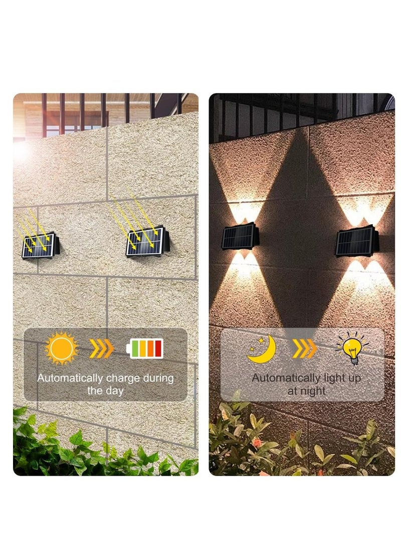 Outdoor Solar Wall Lights Set of Two Waterproof Deck and Fence Lights with Warm and White Modes for Yard Garage and Porch