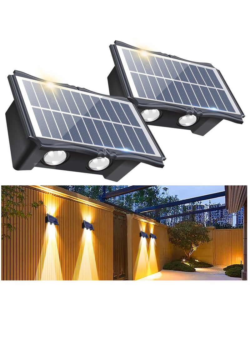 Outdoor Solar Wall Lights Set of Two Waterproof Deck and Fence Lights with Warm and White Modes for Yard Garage and Porch