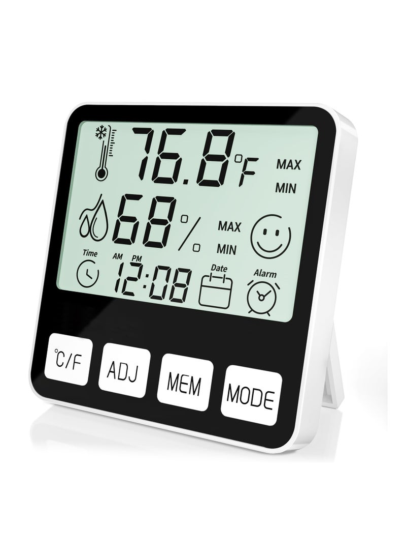 Indoor Digital Thermometer and Hygrometer with Alarm Clock and Date Display for Accurate Room Temperature and Humidity Monitoring