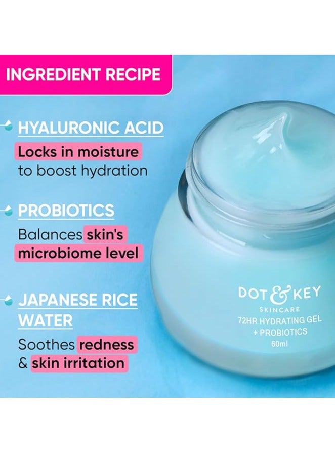 DOT & KEY 72Hr Hydrating Gel+Probiotics Moisturizer For Face With Hyaluronic Acid, Kombucha & Rice Water | Lightweight Gel Moisturizer | For Dull, Tired & Uneven Skin Tone I For All Skin Types | 25Ml