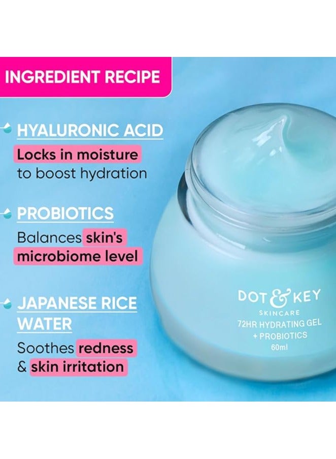 DOT & KEY 72Hr Hydrating Gel + Probiotics Moisturizer For Face With Hyaluronic Acid, Kombucha & Rice Water Lightweight Gel Oil Free Moisturizer | For Oily, Dull & Uneven Skin Tone I For All Skin Types | 60Ml