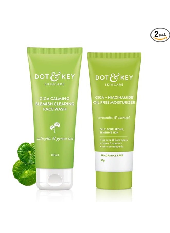 Dot & Key Cica Calming Blemish Clearing Face Wash 100ml & Cica & Niacinamide Spot Reduction Oil Free Moisturizer - 50g | For Acne Prone Skin | Skin Care Combo | For Women & Men