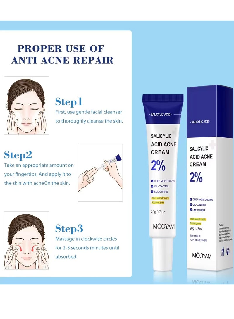 Salicylic Acid Acne Cream Deep Moisturizing Oil Control Smoothing Acne Cream with 2% Salicylic Acid Soothing Cream for Acne Skin Hydrating Oil Control Pore Tightening Acne Cream 20g