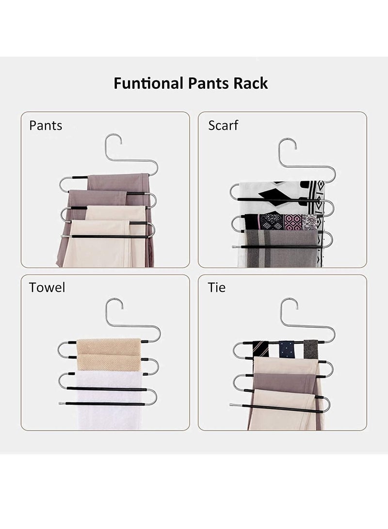 Trouser Hangers, Hangers Space Saving, Stainless Steel S-Type Pants Hangers with Non-Slip Silicone Cover for Clothing Jeans Trousers Skirts Scarf Storage (5 PCS)