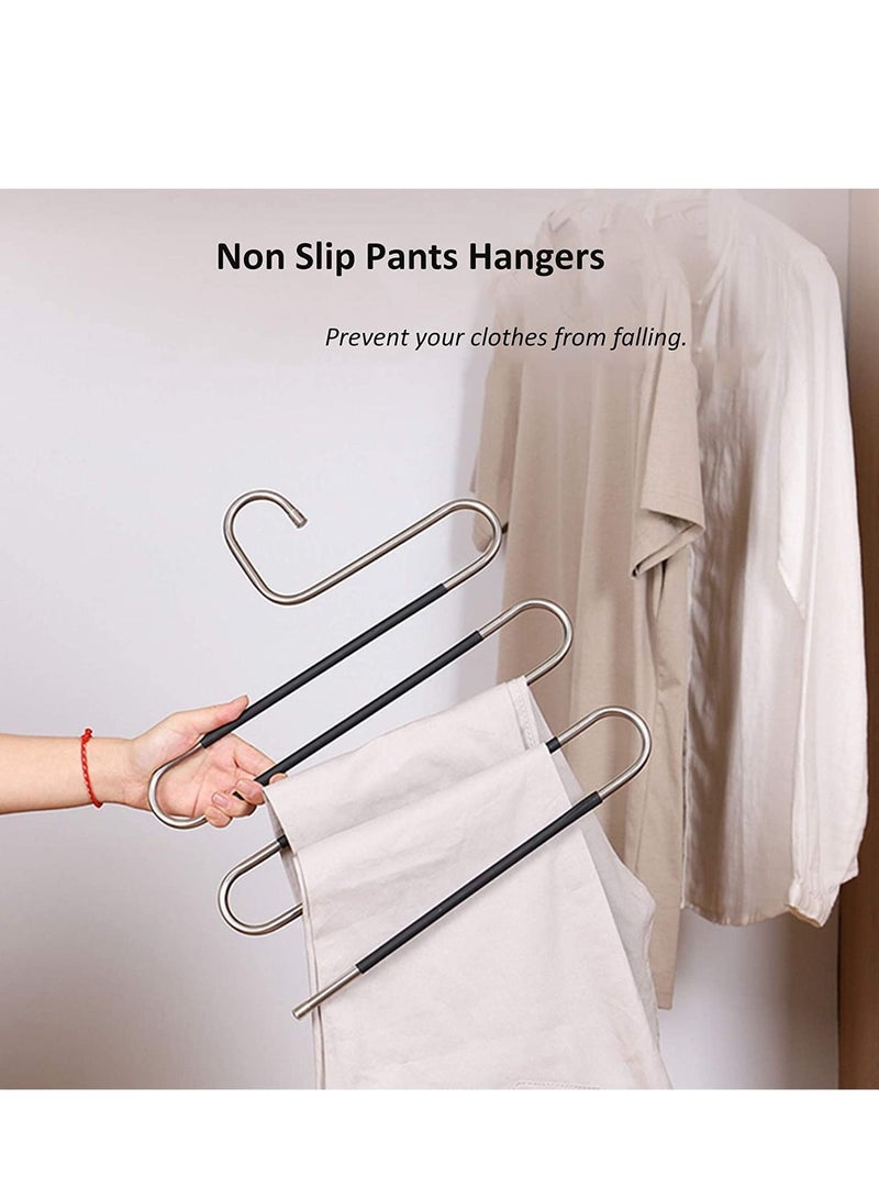 Trouser Hangers, Hangers Space Saving, Stainless Steel S-Type Pants Hangers with Non-Slip Silicone Cover for Clothing Jeans Trousers Skirts Scarf Storage (5 PCS)