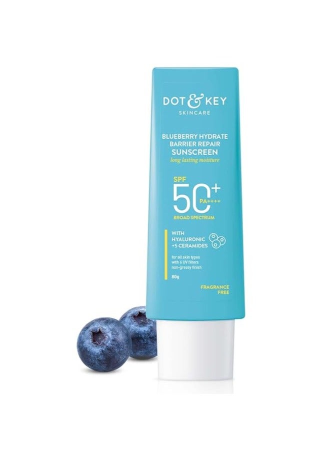 Dot & Key Blueberry Hydrate Barrier Repair Sunscreen SPF 50+, PA++++ | For Dry & Sensitive Skin | Non - Greasy Finish | No White Cast | UV & Blue Light Protection | Broad Spectrum| 80g