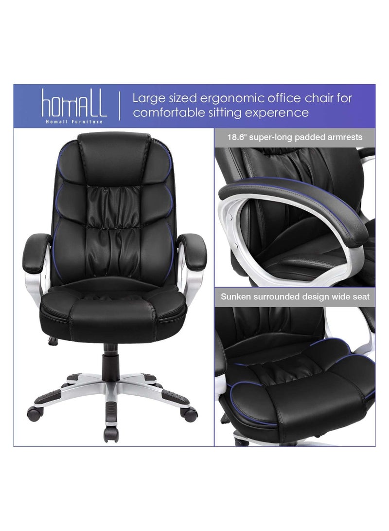 Mahmayi Office Chair High Back Computer Desk Chair, PU Leather Adjustable Height Modern Executive Chair with Padded Armrests and Lumbar Support - Black