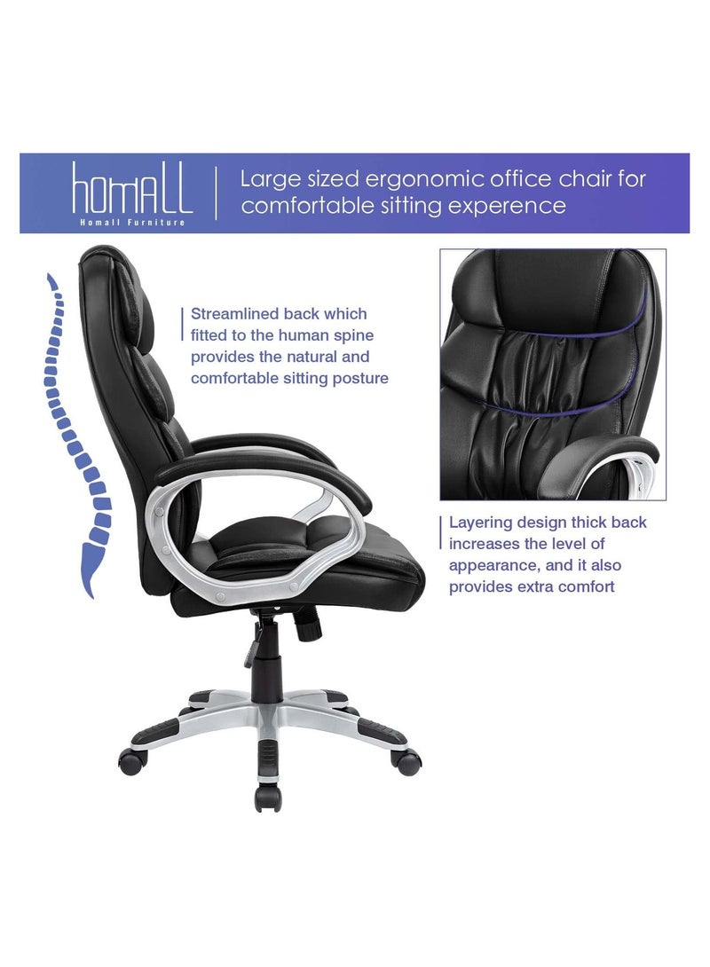 Mahmayi Office Chair High Back Computer Desk Chair, PU Leather Adjustable Height Modern Executive Chair with Padded Armrests and Lumbar Support - Black