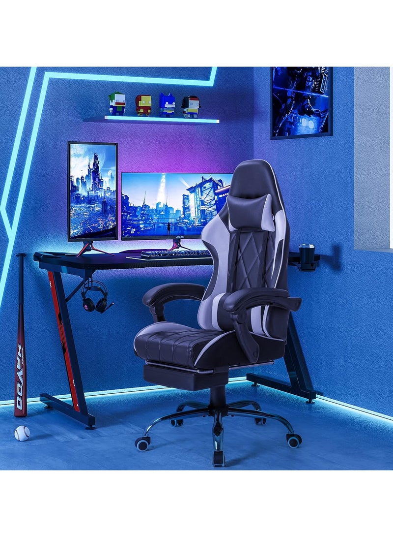 Mahmayi Gaming Office, Computer Chair PC Chair with Massage Lumbar Support, Racing Style Faux Leather High Back Adjustable Swivel Chair with Footrest (Black and White)
