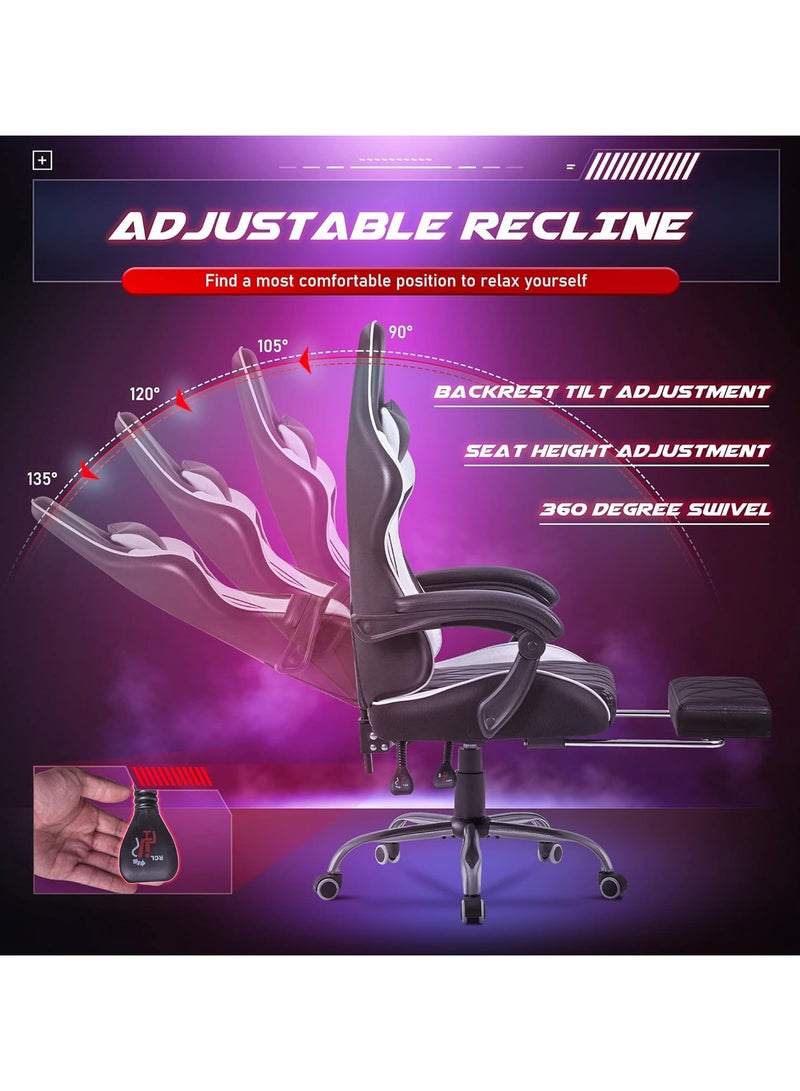 Mahmayi Gaming Office, Computer Chair PC Chair with Massage Lumbar Support, Racing Style Faux Leather High Back Adjustable Swivel Chair with Footrest (Black and White)