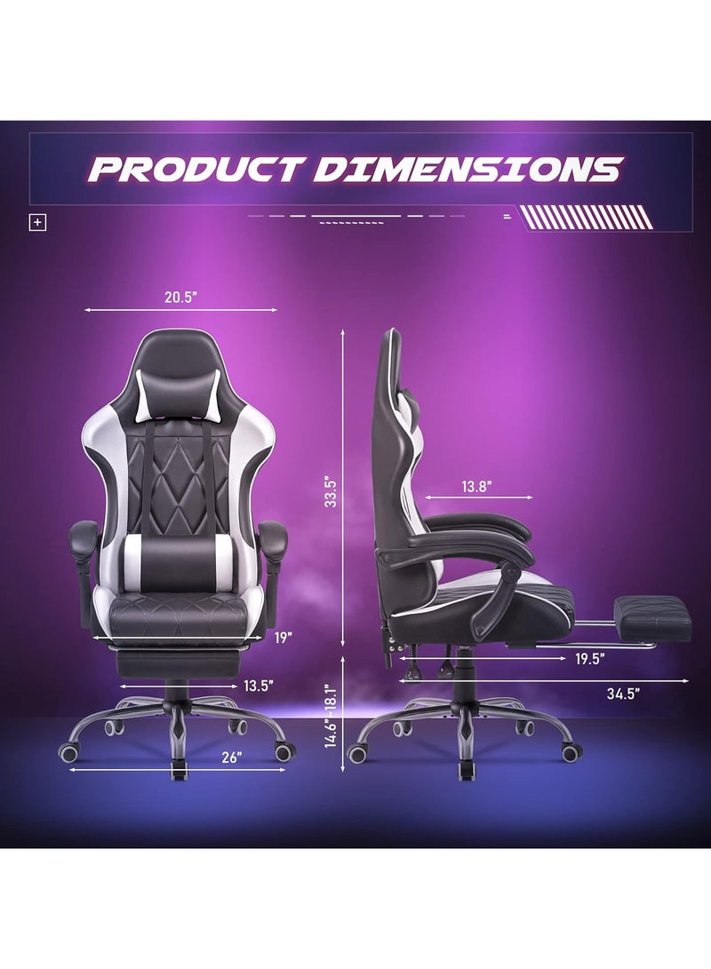 Mahmayi Gaming Office, Computer Chair PC Chair with Massage Lumbar Support, Racing Style Faux Leather High Back Adjustable Swivel Chair with Footrest (Black and White)