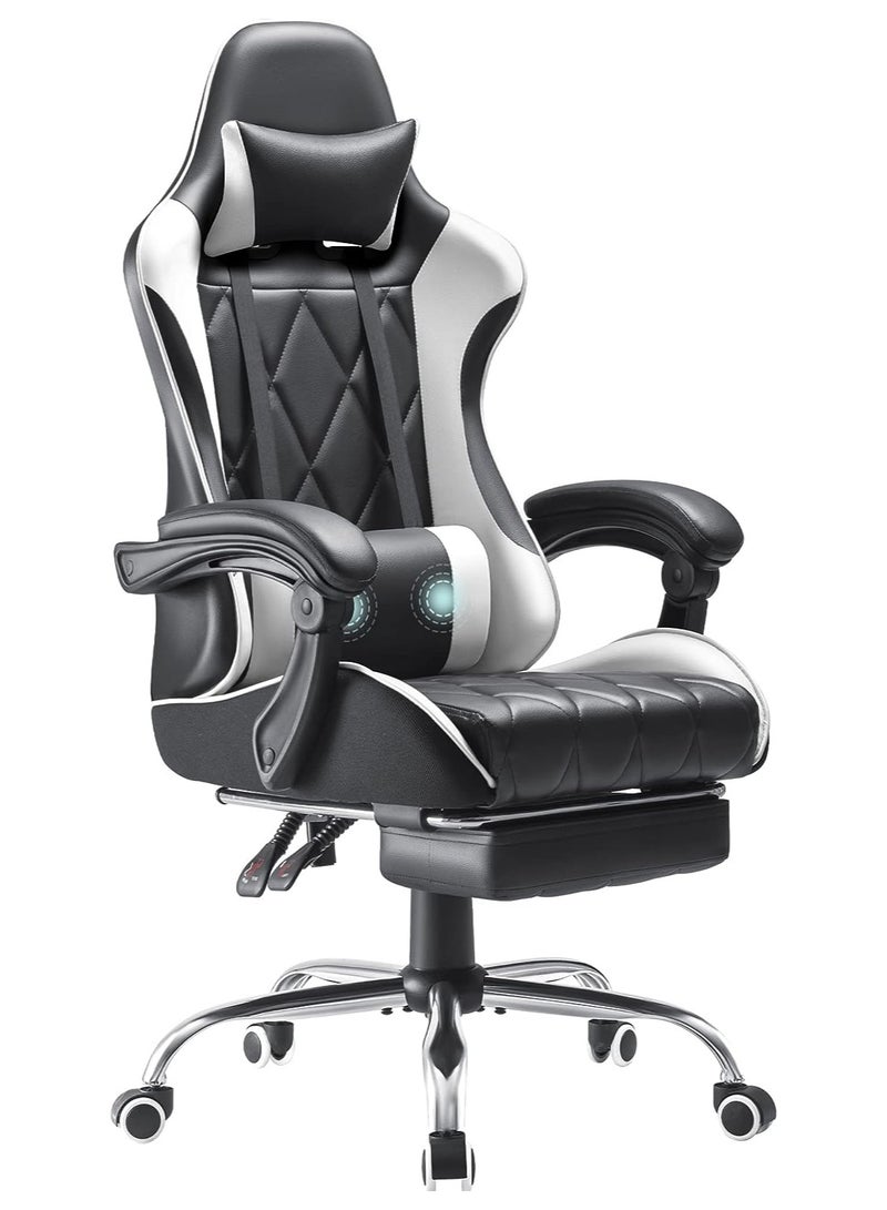 Mahmayi Gaming Office, Computer Chair PC Chair with Massage Lumbar Support, Racing Style Faux Leather High Back Adjustable Swivel Chair with Footrest (Black and White)